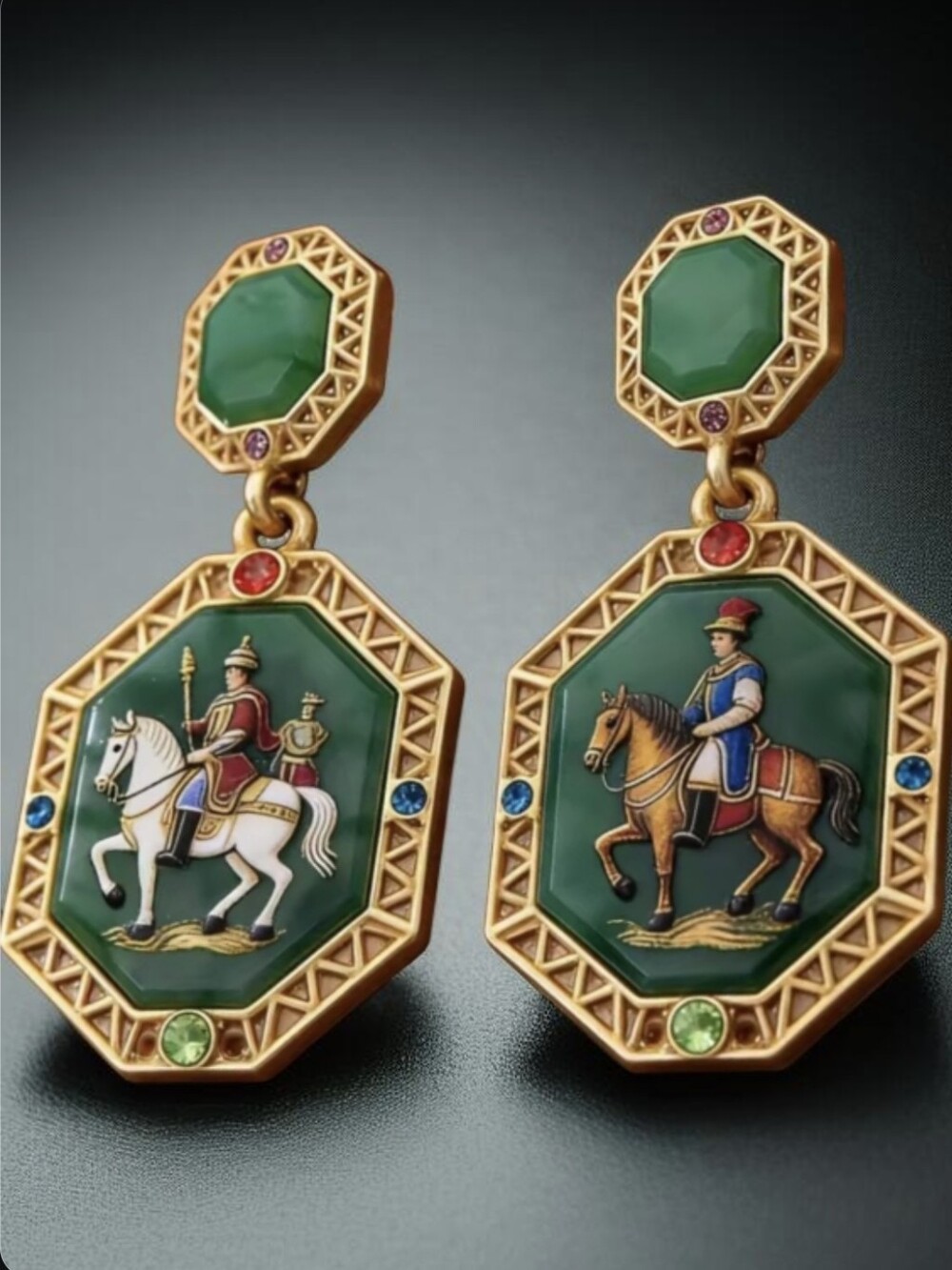 18k Gold Plated Etruscan Venetian Renaissance Noble Equestrian Rider Earrings